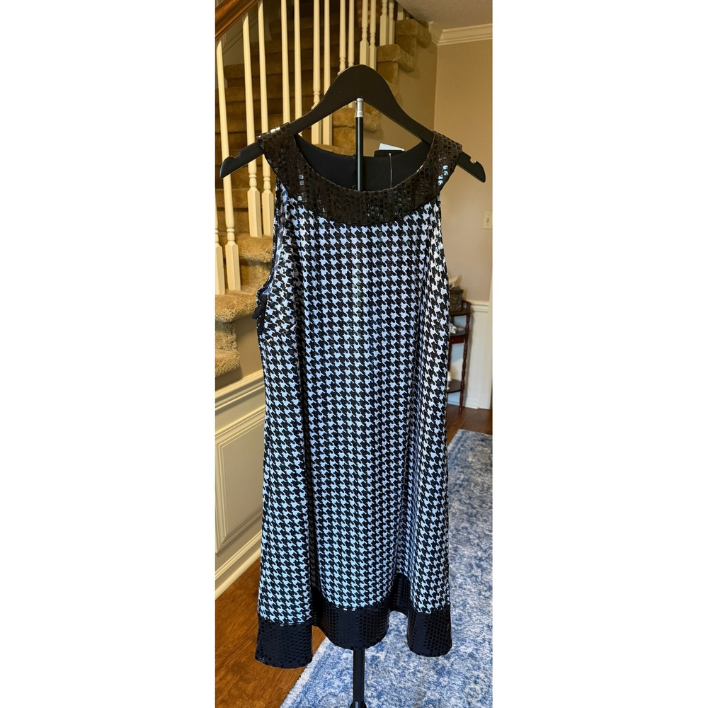 MSK Womens Houndstooth Sequin Trim Sleeveless Shift Dress Black White Large L